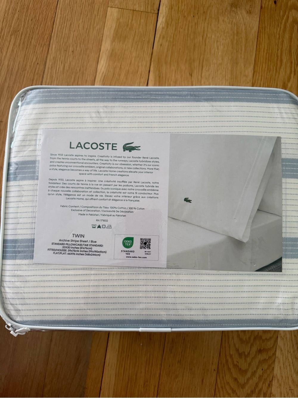 Lacoste 100% Cotton Persale Twin Bedding Set - White & Light Blue Striped